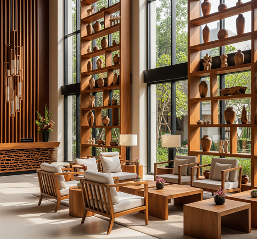 Warm and Stylish Spaces with Natural Wood Hotel Decoration